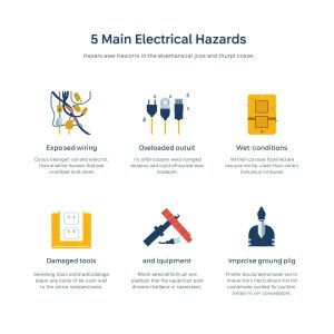 What are the 5 main electrical hazards in the workplace?